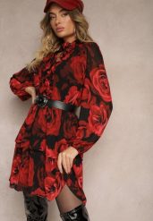 Czerwona Rozkloszowana Sukienka w Kwiaty z Gumką w Pasie Mirizora. Czerwone sukienki Renee, na co dzień, l, bez wzorów, eleganckie, bez kołnierzyka, bez ramiączek, mini, proste. Za 129.99 zł.