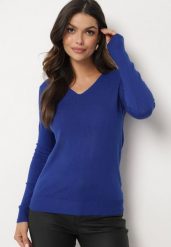 Granatowy Sweter z Bawełną i Dekoltem w Serek Etarevia. Niebieskie swetry Born2be, bez wzorów, z bawełny, bez ramiączek. Za 39.99 zł.