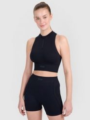 4F Crop-top treningowy slim bezszwowy damski - czarny M/L. Czarne koszulki sportowe 4f, bez wzorów, z dzianiny, bez ramiączek, do biegania. W wyprzedaży za 59.99 zł.