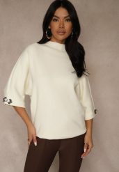 Jasnobeżowy Sweter z Cyrkoniami przy Rękawach Corentusa. Brązowe swetry Renee, m, z aplikacjami, z jeansu, bez ramiączek. Za 79.99 zł.