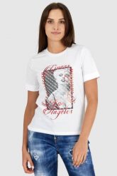 GUESS Biały t-shirt damski bawełniany z nadrukiem, Rozmiar XS. Białe t-shirty Guess, s, z aplikacjami, z bawełny, bez kołnierzyka, bez ramiączek. W wyprzedaży za 119.99 zł.