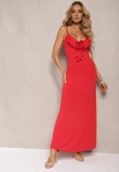 Czerwona Sukienka Koktajlowa o Dopasowanym Kroju z Ozdobną Broszką Kwiatkiem i Falbaną Vikassa. Czerwone sukienki Renee, na imprezę, m, bez wzorów, eleganckie, bez kołnierzyka, bez ramiączek, maxi, dopasowane. Za 79.99 zł.