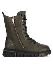 Mustang Trzewiki 1502-502 Khaki. Brązowe botki Mustang, bez wzorów, z materiału, bez obcasa, na płaskiej podeszwie, bez zapięcia. Za 399.99 zł.