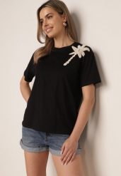 Czarny Bawełniany T-shirt z Ozdobną Aplikacją z Perełek i Cyrkonii Haidea. Czarne t-shirty Born2be, l, z aplikacjami, z bawełny, bez kołnierzyka, bez ramiączek. Za 49.99 zł.