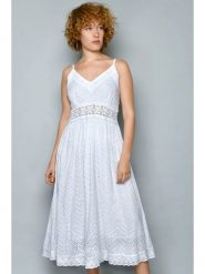 H.H.G. Sukienka w kolorze białym rozmiar: S. Białe sukienki H.H.G., s, bez wzorów, z bawełny, bez kołnierzyka, bez ramiączek, midi, rozkloszowane. Za 88.85 zł.