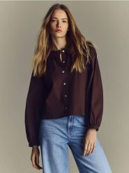 Koszula z ozdobnym kołnierzem - ciemnobrązowy. Brązowe koszule Reserved, l, bez wzorów, z bawełny, bez kołnierzyka, bez ramiączek. Za 139.99 zł.