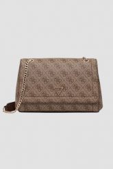 GUESS Brązowa logowana torebka damska Noelle II. Brązowe kopertówki Guess, z aplikacjami, ze skóry ekologicznej, bez dodatków. W wyprzedaży za 434.99 zł.
