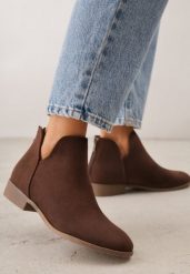 Brązowe Botki VICES Ozdobione Suwakiem i Wycięciami na Cholewce Fyserira. Brązowe botki Renee, bez wzorów, z jeansu, bez obcasa, na płaskiej podeszwie, bez zapięcia. Za 109.99 zł.