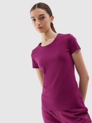 4F T-shirt slim gładki damski - fioletowy XS. Fioletowe t-shirty 4f, xs, bez wzorów, z bawełny, bez kołnierzyka, bez ramiączek. W wyprzedaży za 19.99 zł.