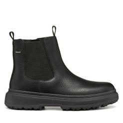 Sztyblety Geox. Czarne botki Geox, bez wzorów, bez obcasa, na płaskiej podeszwie, bez zapięcia. Za 769.99 zł.