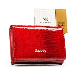 Średni, czerwony portfel damski ze skóry naturalnej zamykany zatrzaskiem - Rovicky. Czerwone portfele ROVICKY, bez wzorów, z lakierowanej skóry. Za 94.99 zł.