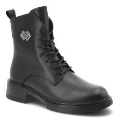 Botki damskie D&A by S.Barski o sznurowanym fasonie z ozdobnym metalowym detalem i niskim stabilnym obcasem czarne, MK62-7014 Black. Czarne botki S.BARSKI, bez wzorów, z jeansu, bez obcasa, na obcasie, bez zapięcia. Za 219.00 zł.