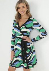 Zielona Sukienka Kopertowa w Wzorzysty Print Jameka. Zielone sukienki Born2be, na co dzień, l, bez wzorów, z materiału, bez kołnierzyka, bez ramiączek, mini, kopertowe. Za 49.99 zł.