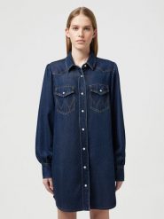 WRANGLER DAMSKA SUKIENKA JEANSOWA WRANGLER BALLOONSLEEVE SHIRT DRESS RINSE 112350339. Sukienki Wrangler, xs, bez wzorów, z jeansu, bez kołnierzyka, bez ramiączek. Za 189.99 zł.