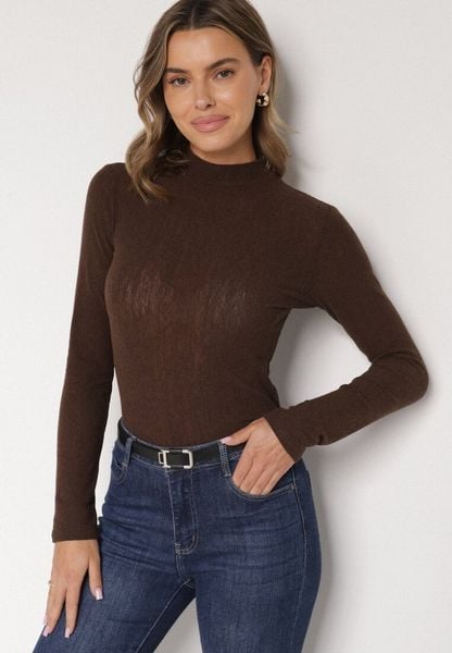Brązowa Bluzka Longsleeve z Półgolfem z Półtransparentnej Tkaniny z Wiskozą Tuseana. Brązowe bluzki Born2be, l, bez wzorów, z jeansu, biznesowe, bez kołnierzyka, bez ramiączek. Za 99.99 zł.