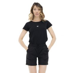 Energetyczny damski t-shirt z krótkim rękawem. Czarne t-shirty LEONE 1947 APPAREL, l, bez wzorów, z tkaniny, bez kołnierzyka, bez ramiączek. W wyprzedaży za 81.70 zł.