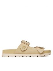 Guess Klapki FLTFST SUE03 Beżowy. Brązowe klapki Guess, z aplikacjami, ze skóry, bez obcasa. Za 439.99 zł.