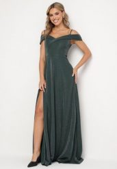 Ciemnozielona Sukienka Koktajlowa na Ramiączkach z Opadającymi Ramionami Emariana. Zielone sukienki Born2be, na imprezę, m, bez wzorów, eleganckie, bez kołnierzyka, bez ramiączek, maxi. Za 169.99 zł.