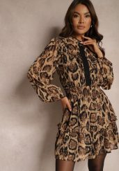 Brązowa Panterkowa Sukienka o Rozkloszowanym Kroju ze Stójką i Falbankami Labrette. Brązowe sukienki Renee, na co dzień, l, bez wzorów, eleganckie, bez kołnierzyka, bez ramiączek, mini, kopertowe. Za 129.99 zł.