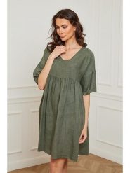 Joséfine Lniana sukienka "Dobby" w kolorze khaki rozmiar: XL. Brązowe sukienki Joséfine, xl, bez wzorów, ze lnu, bez kołnierzyka, bez ramiączek, midi. Za 140.86 zł.