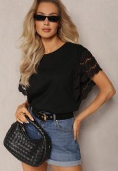 Czarna Bluzka z Bawełny z Ażurowymi Krótkimi Rękawkami Asosta. Czarne bluzki Renee, xl, w ażurowe wzory, z bawełny, bez kołnierzyka, bez ramiączek. W wyprzedaży za 45.49 zł.