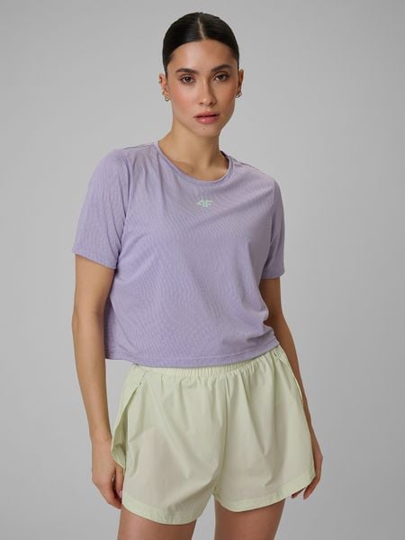 4F Crop top slim treningowy szybkoschnący damski - fioletowy S. Fioletowe koszulki sportowe 4f, bez wzorów, bez ramiączek, na fitness i siłownię. Za 119.99 zł.