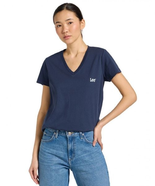 DAMSKA KOSZULKA LEE V NECK TEE MOOD INDIGO 112371856. Niebieskie bluzki Lee, m, bez wzorów, bez kołnierzyka, bez ramiączek. Za 89.99 zł.