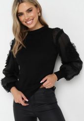 Czarny Sweter z Półgolfem i Bufiastymi Rękawami Ozdobionymi Falbankami Cyvesa. Czarne swetry Born2be, bez wzorów, bez ramiączek. Za 139.99 zł.