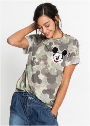 T-shirt z motywem Myszki Miki. Zielone t-shirty bonprix, z aplikacjami, z wiskozy, bez kołnierzyka, bez ramiączek. Za 114.99 zł.