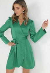 Zielona Satynowa Sukienka Kopertowa Missa. Zielone sukienki Born2be, m, bez wzorów, z satyny, bez kołnierzyka, bez ramiączek, mini, kopertowe. Za 129.99 zł.