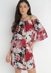 Bordowa Sukienka Xoe. Czerwone sukienki Born2be, s, z aplikacjami, z tkaniny, bez kołnierzyka, bez ramiączek, mini, rozkloszowane. Za 19.99 zł.
