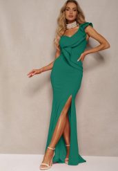 Zielona Elegancka Asymetryczna Sukienka z Falbanką i Rozcięciem na Nogę Adnelia. Zielone sukienki Renee, m, bez wzorów, z dzianiny, eleganckie, z asymetrycznym kołnierzem, bez ramiączek, maxi, asymetryczne. Za 149.99 zł.