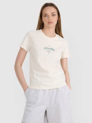 4F T-shirt regular z nadrukiem damski - biały M. Białe koszulki sportowe 4f, bez wzorów, z bawełny, bez ramiączek. Za 59.99 zł.