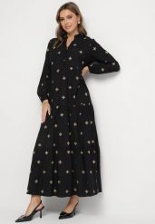 Czarna Sukienka z Wiskozy o Rozkloszowanym Kroju z Ozdobnym Haftem Nalariel. Czarne sukienki Born2be, l, z aplikacjami, z jeansu, eleganckie, bez kołnierzyka, bez ramiączek, maxi, rozkloszowane. Za 139.99 zł.