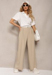 Beżowe Spodnie z Wiskozy Palazzo High Waist Zapinane na Suwak Nellieva. Brązowe spodnie materiałowe Renee, na co dzień, l, bez wzorów, z jeansu, z podwyższonym stanem. Za 139.99 zł.