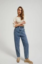 Bawełniane jeansy paperbag niebieskie. Niebieskie jeansy MOODO, m, bez wzorów. W wyprzedaży za 59.99 zł.