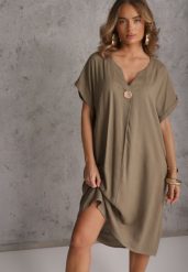 Ciemnobeżowa Sukienka o Pudełkowym Kroju z Lnem i Wiskozą Zdobiona Guzikiem Mezynore. Brązowe sukienki Renee, na imprezę, plus size, z aplikacjami, z bawełny, wakacyjne, bez kołnierzyka, plus size, bez ramiączek, midi. Za 89.99 zł.