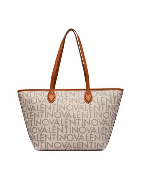 Valentino Torebka Logo VBSA1F02 Beżowy. Brązowe shopper Valentino, bez wzorów, ze skóry, bez dodatków. Za 523.99 zł.