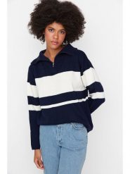 Trendyol Sweter w kolorze biało-granatowym rozmiar: L. Białe swetry Trendyol, l, bez wzorów, bez ramiączek. Za 73.99 zł.