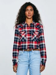 Koszula damska flanelowa z kratę czerwono-granatowa Hiri 603. Czerwone koszule Big Star, l, bez wzorów, eleganckie, bez kołnierzyka, bez ramiączek. Za 229.99 zł.