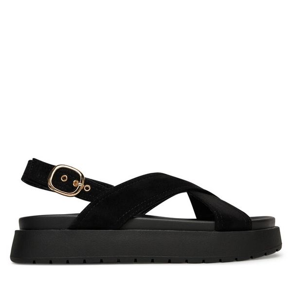 Sandały JENNY. Czarne sandały Jenny, bez wzorów, bez obcasa, na płaskiej podeszwie, bez zapięcia. Za 149.99 zł.