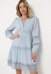 Jasnoniebieska Sukienka Mini z Ażurowymi Wstawkami i Gumką w Talii Raliasa. Niebieskie sukienki Born2be, na imprezę, m, w ażurowe wzory, z koronki, boho, bez kołnierzyka, bez ramiączek, mini, rozkloszowane. Za 199.99 zł.