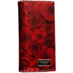 Czerwony, pionowy portfel damski w kwiaty skóra naturalna i ekologiczna RFID STOP Peterson. Czerwone portfele Peterson, z aplikacjami, z lakierowanej skóry. Za 129.99 zł.