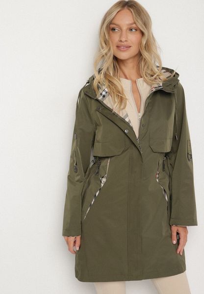 Zielona Kurtka Parka z Kapturem ze Wzorem w Kratę i Podpinanymi Rękawami Gavaria. Zielone kurtki Born2be, l, bez wzorów, z jeansu, z kapturem. Za 199.99 zł.