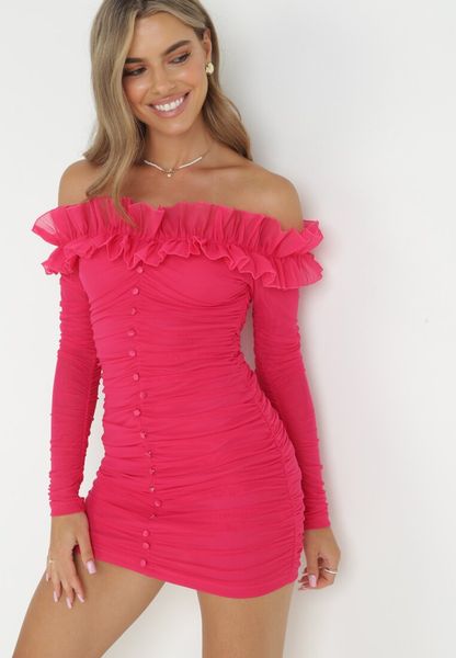 Fuksjowa Dopasowana Sukienka Hiszpanka z Falbanką Turlia. Czerwone sukienki Born2be, na wesele, m, z aplikacjami, bez kołnierzyka, bez ramiączek, dopasowane. Za 94.99 zł.