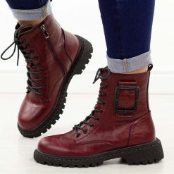 Bordowe skórzane botki damskie na traperze T.Sokolski Z25-297. Czerwone botki Sokolski, na jesień, bez wzorów, z dzianiny, z okrągłym noskiem, bez obcasa, bez zapięcia. Za 349.00 zł.