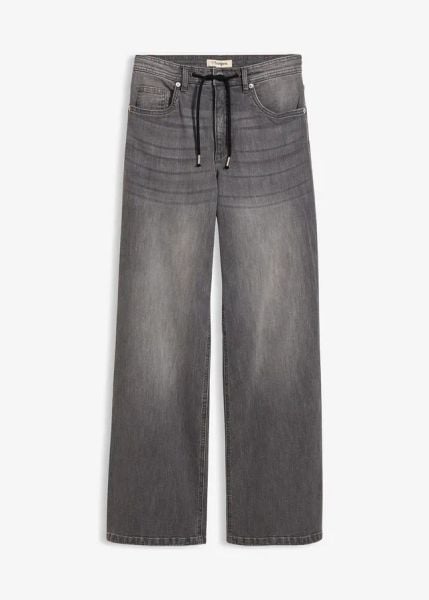 Luźne jeansy, high waist. Czarne jeansy bonprix, bez wzorów, z podwyższonym stanem. Za 124.99 zł.
