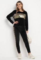 Czarny Komplet Dresowy z Weluru Ozdobiony Wzorem w Cętki z Bluzą i Spodniami Cooperia. Czarne bluzy Born2be, m, bez wzorów, z dresówki, bez kaptura. Za 79.99 zł.