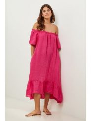 Lin Passion Lniana sukienka w kolorze różowym rozmiar: 34/36. Różowe sukienki Lin Passion, bez wzorów, ze lnu, klasyczne, bez kołnierzyka, bez ramiączek, midi. Za 173.99 zł.