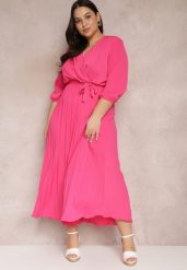 Różowa Kopertowa Sukienka z Gumką i Paskiem w Talii Zdobiona Plisowaniem Kaylina. Czerwone sukienki Renee, l, z aplikacjami, bez kołnierzyka, plus size, bez ramiączek, maxi, kopertowe. Za 139.99 zł.